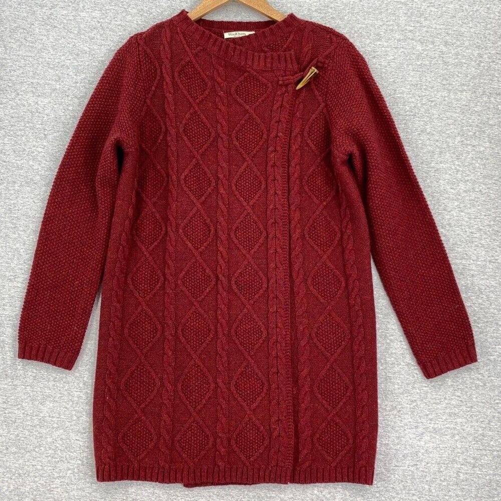 Woolovers Lambswool Cardigan Sweater Womens Small Maroon Long Fisherman Knit